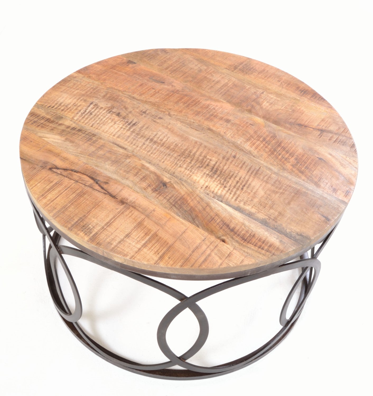 Solid Mango Wood Round Coffee Table Metal Circles Frame