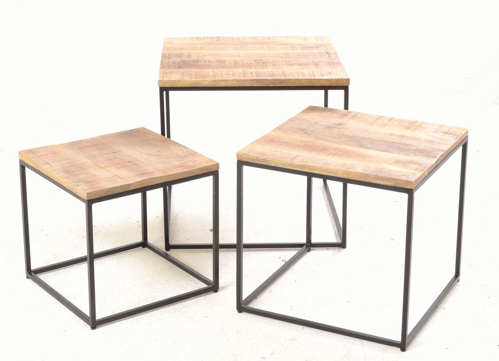 Industrial Natural Mango Wood Nest of 3 Tables
