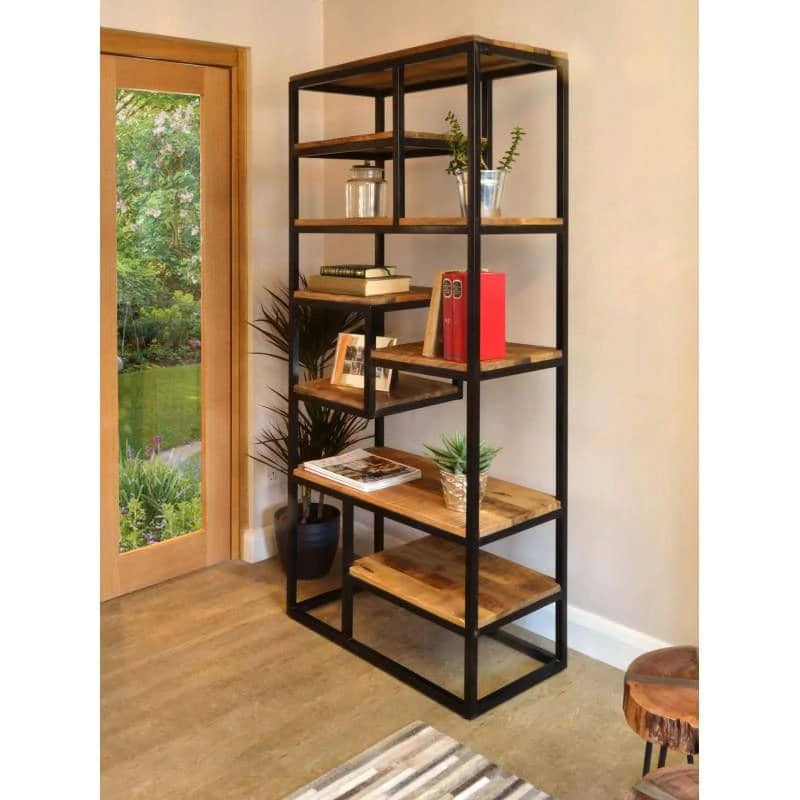 Industrial Mango Wood Open Display Bookcase Black Metal Frame