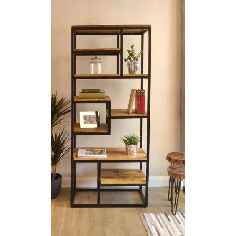 Industrial Mango Wood Open Display Bookcase Black Metal Frame