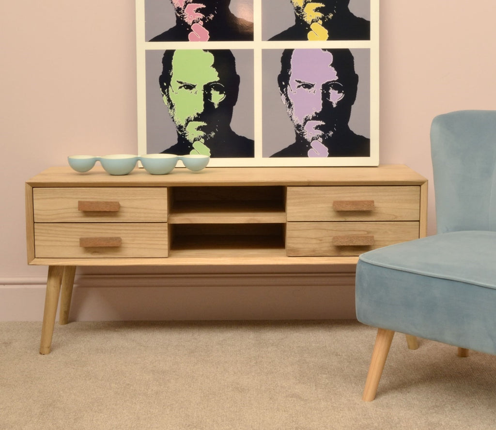 Modern Natural Oak Veneer 4 Drawer Media Unit with Open Shelves