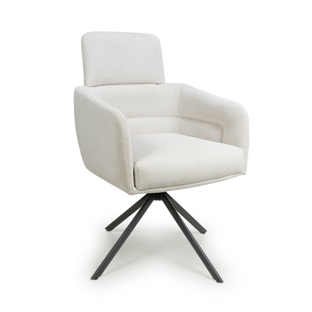 White Corduroy Fabric Swivel Dining Chair with Black Legs - Home Furniture Interiors