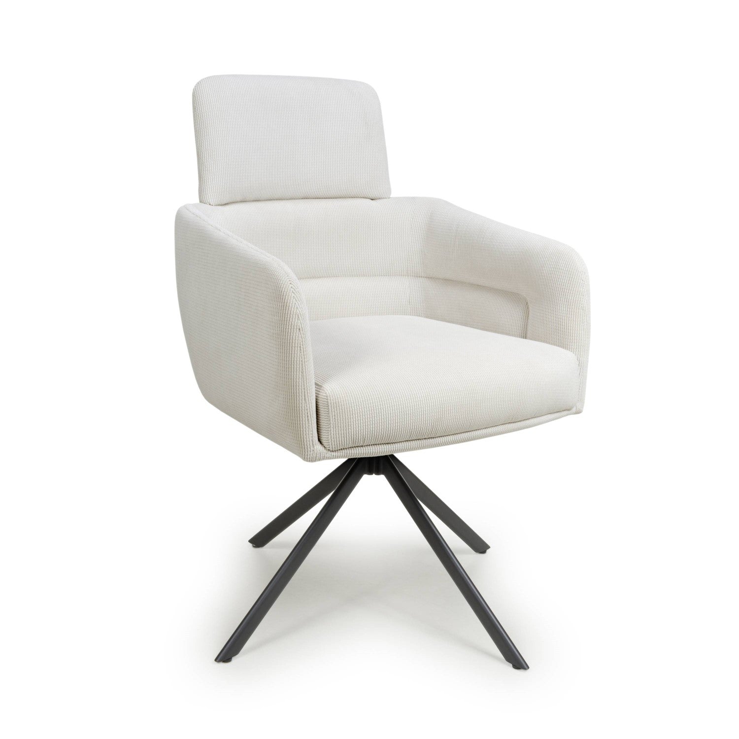 White Corduroy Fabric Swivel Dining Chair with Black Legs - Home Furniture Interiors