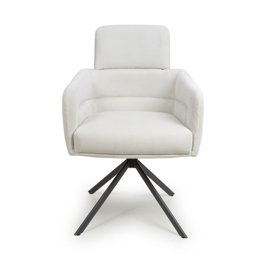 White Corduroy Fabric Swivel Dining Chair with Black Legs - Home Furniture Interiors