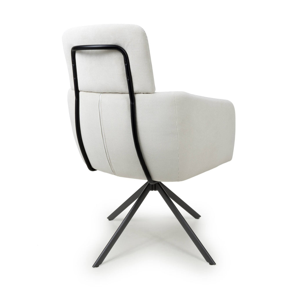 White Corduroy Fabric Swivel Dining Chair with Black Legs - Home Furniture Interiors