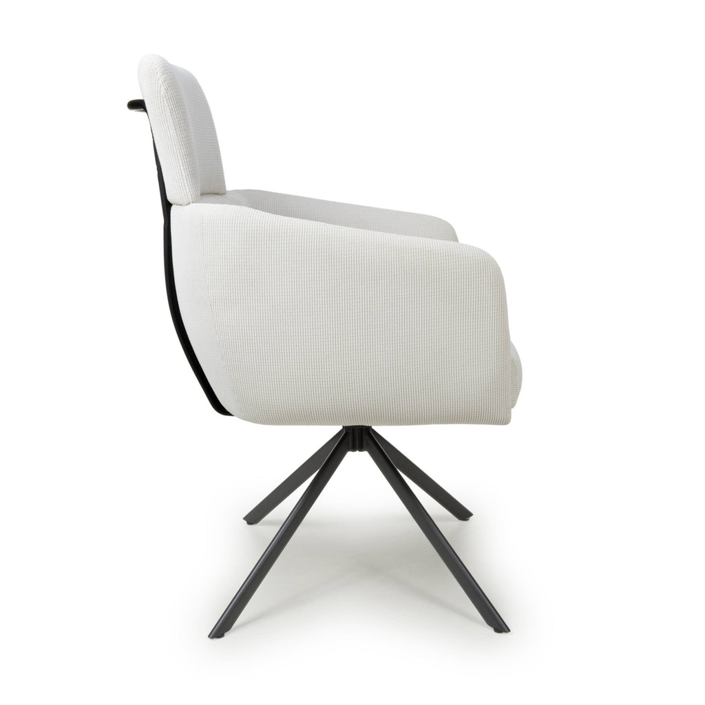 White Corduroy Fabric Swivel Dining Chair with Black Legs - Home Furniture Interiors