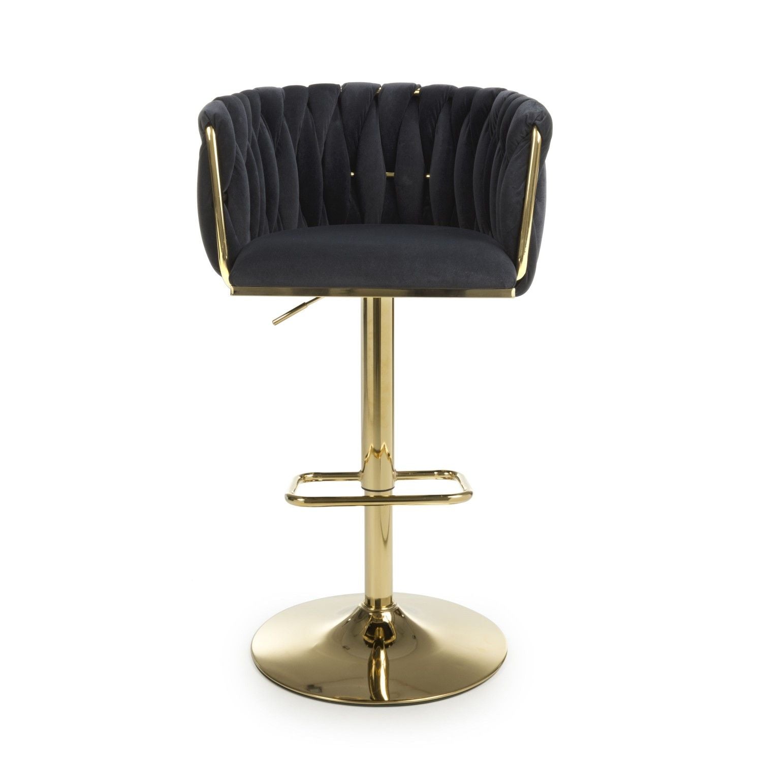Black Velvet Fabric Adjustable Swivel Bar Stool Gold Legs - Home Furniture Interiors