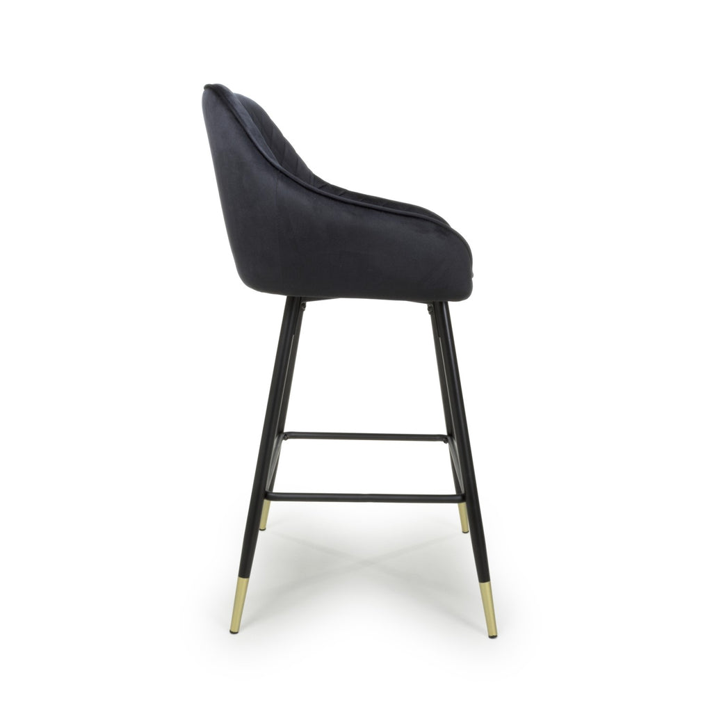Black Velvet Fabric Bar Stool Black and Gold Metal Legs - Home Furniture Interiors