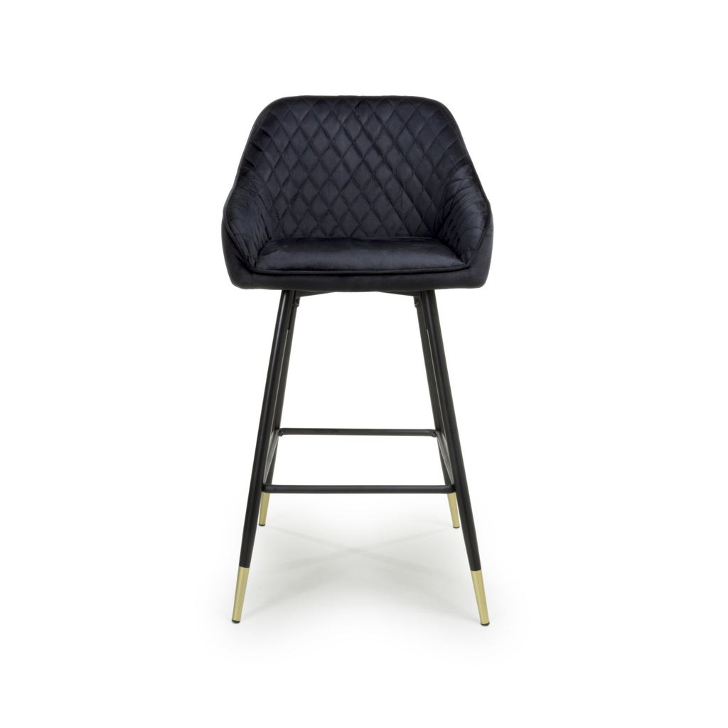 Black Velvet Fabric Bar Stool Black and Gold Metal Legs - Home Furniture Interiors