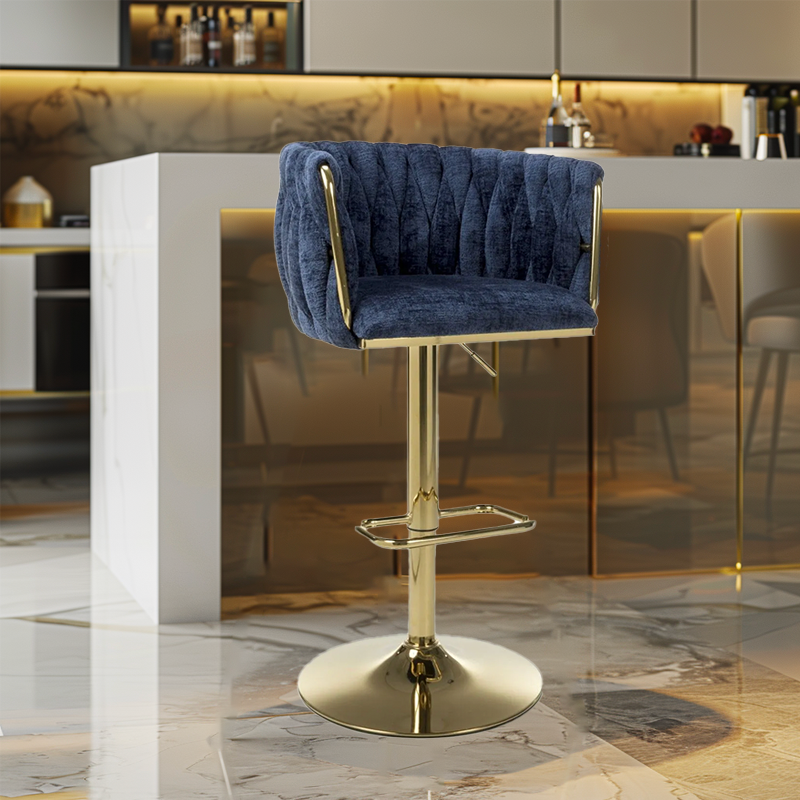 Blue Linen Fabric Adjustable Swivel Bar Stool Gold Legs - Home Furniture Interiors