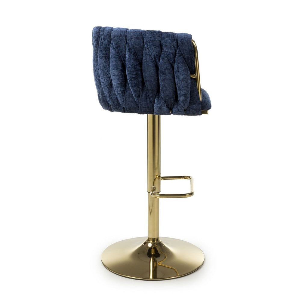 Blue Linen Fabric Adjustable Swivel Bar Stool Gold Legs - Home Furniture Interiors