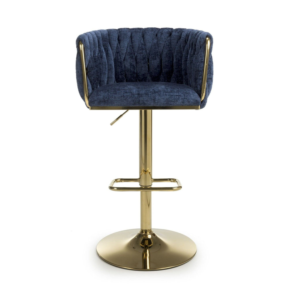 Blue Linen Fabric Adjustable Swivel Bar Stool Gold Legs - Home Furniture Interiors