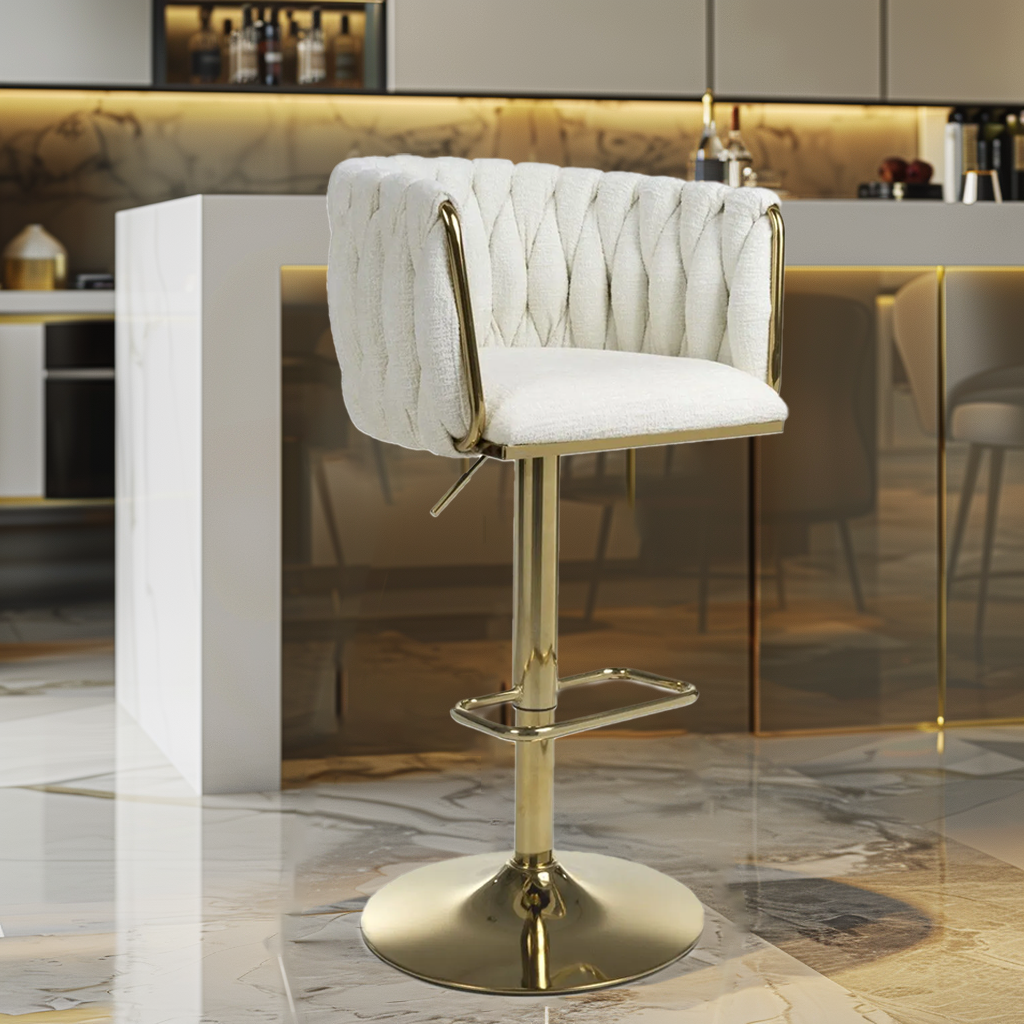 Cream Linen Fabric Adjustable Swivel Bar Stool Gold Legs - Home Furniture Interiors