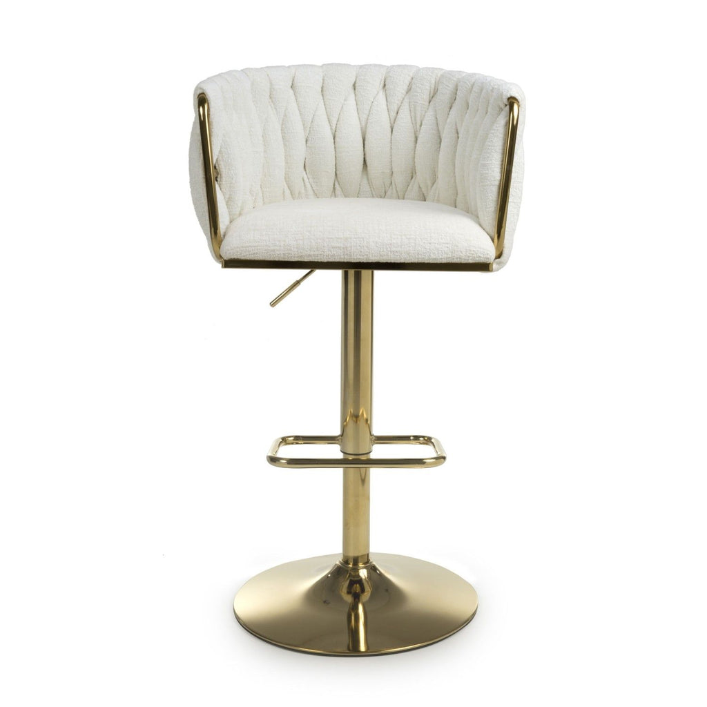 Cream Linen Fabric Adjustable Swivel Bar Stool Gold Legs - Home Furniture Interiors