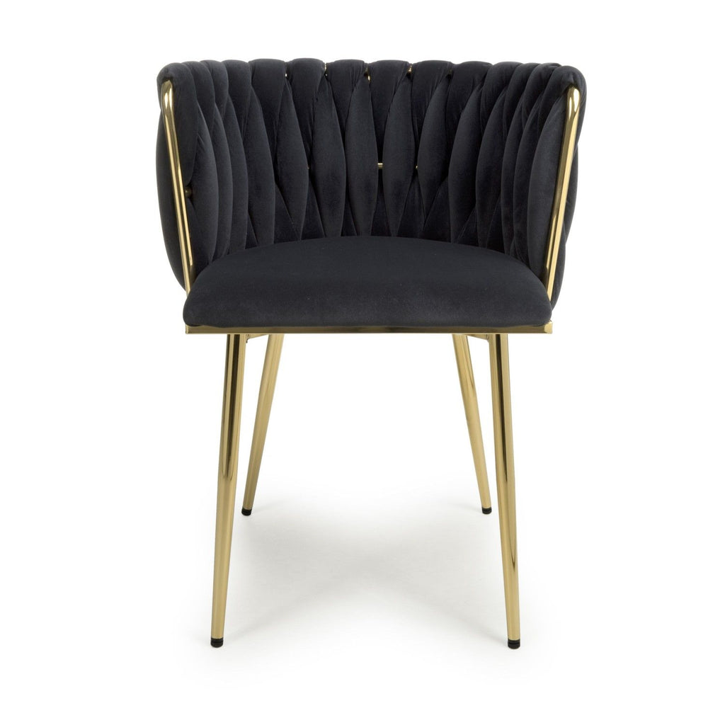Black Brushed Woven Velvet Dining Chair Gold Metal Legs - Home Furniture Interiors