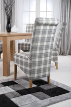 Brown and Grey Checked Fabric Scroll Back Dining Chair - Home Furniture Interiors