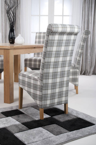 Brown and Grey Checked Fabric Scroll Back Dining Chair - Home Furniture Interiors