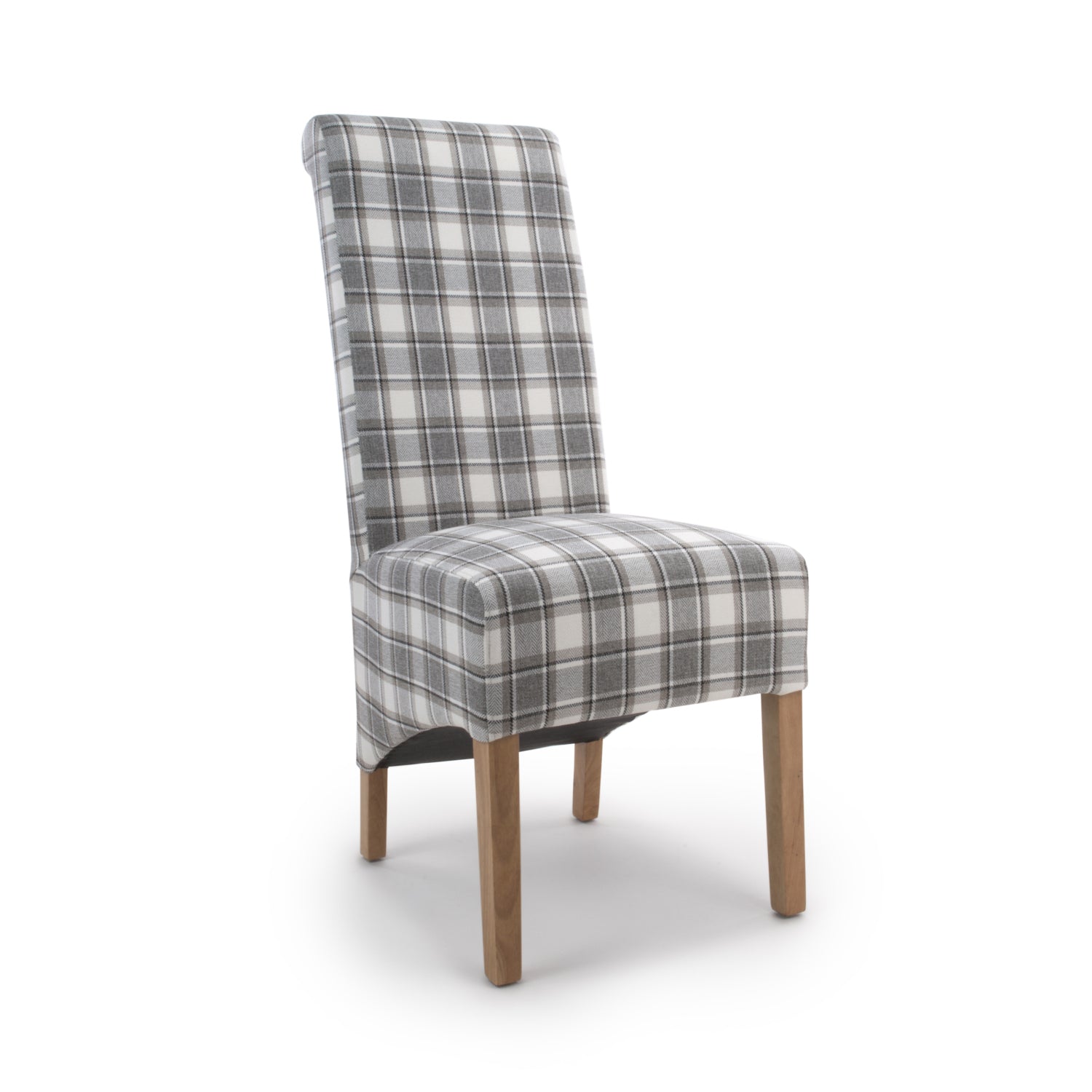 Brown and Grey Checked Fabric Scroll Back Dining Chair - Home Furniture Interiors