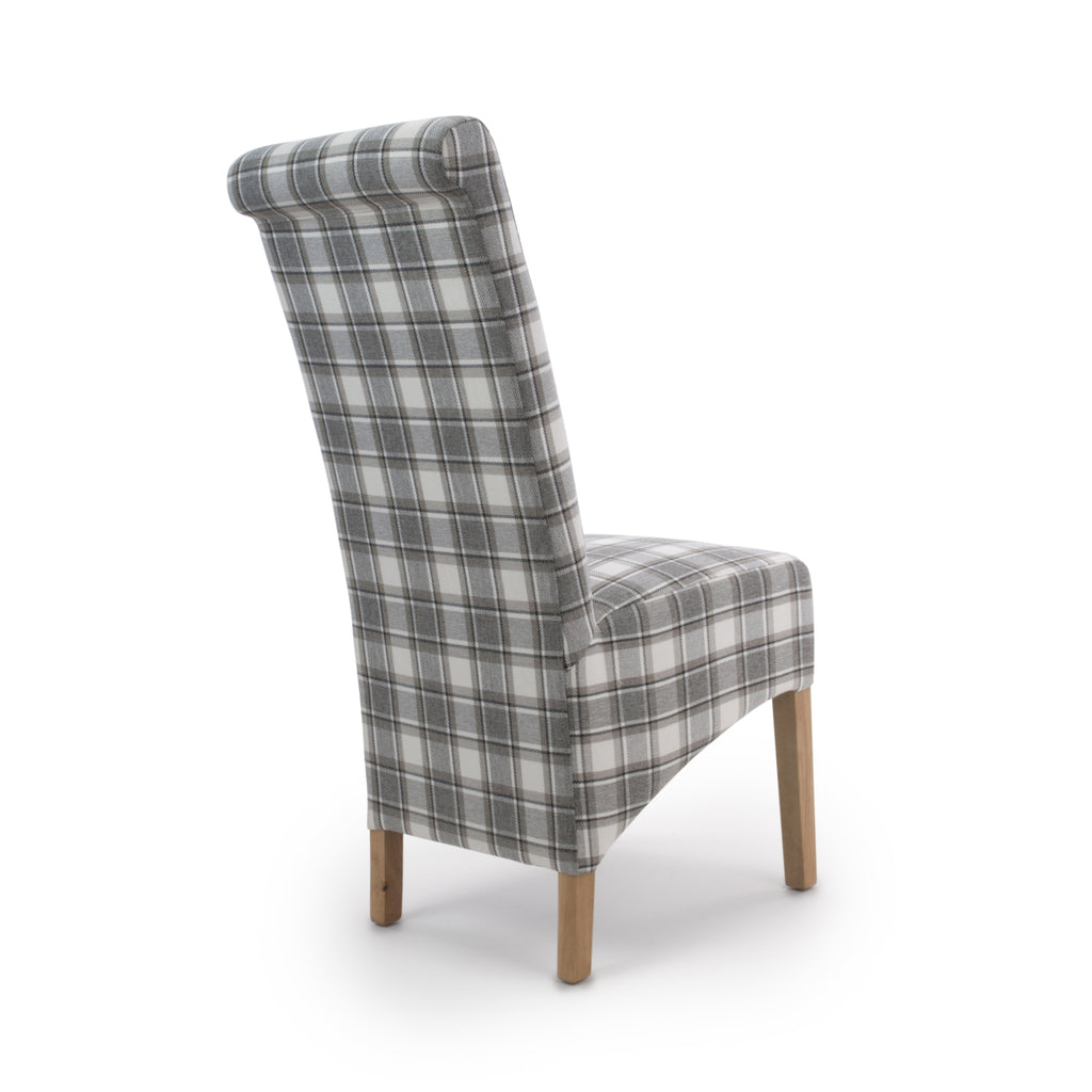 Brown and Grey Checked Fabric Scroll Back Dining Chair - Home Furniture Interiors