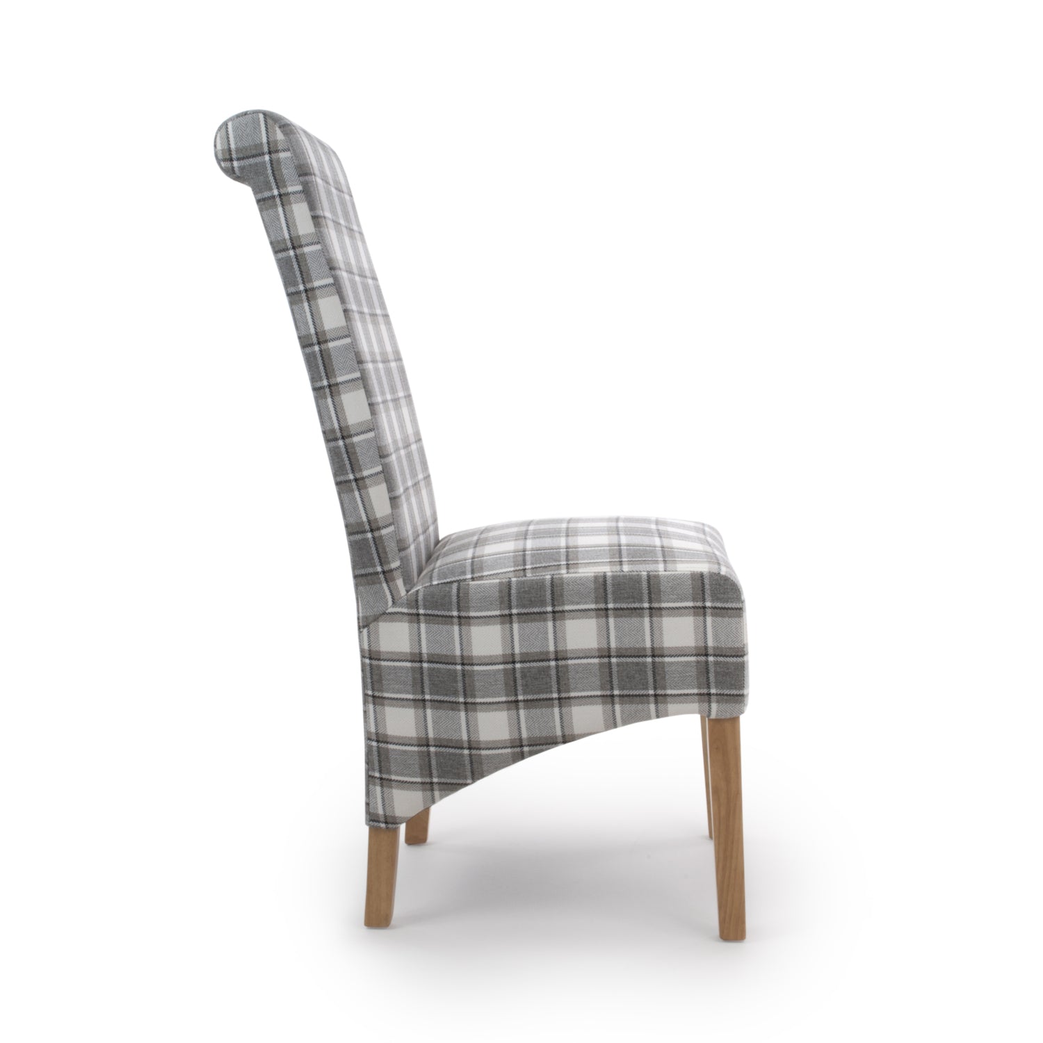 Brown and Grey Checked Fabric Scroll Back Dining Chair - Home Furniture Interiors