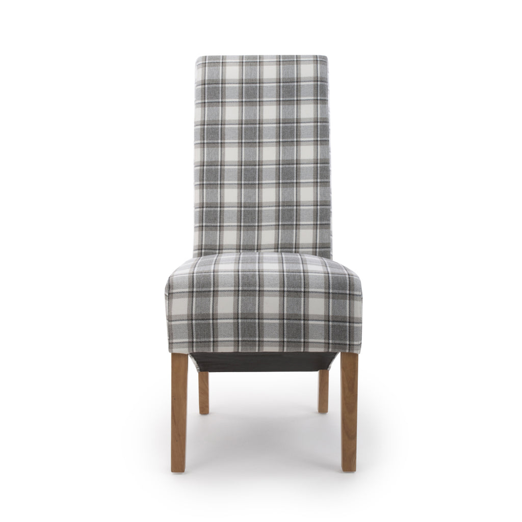Brown and Grey Checked Fabric Scroll Back Dining Chair - Home Furniture Interiors