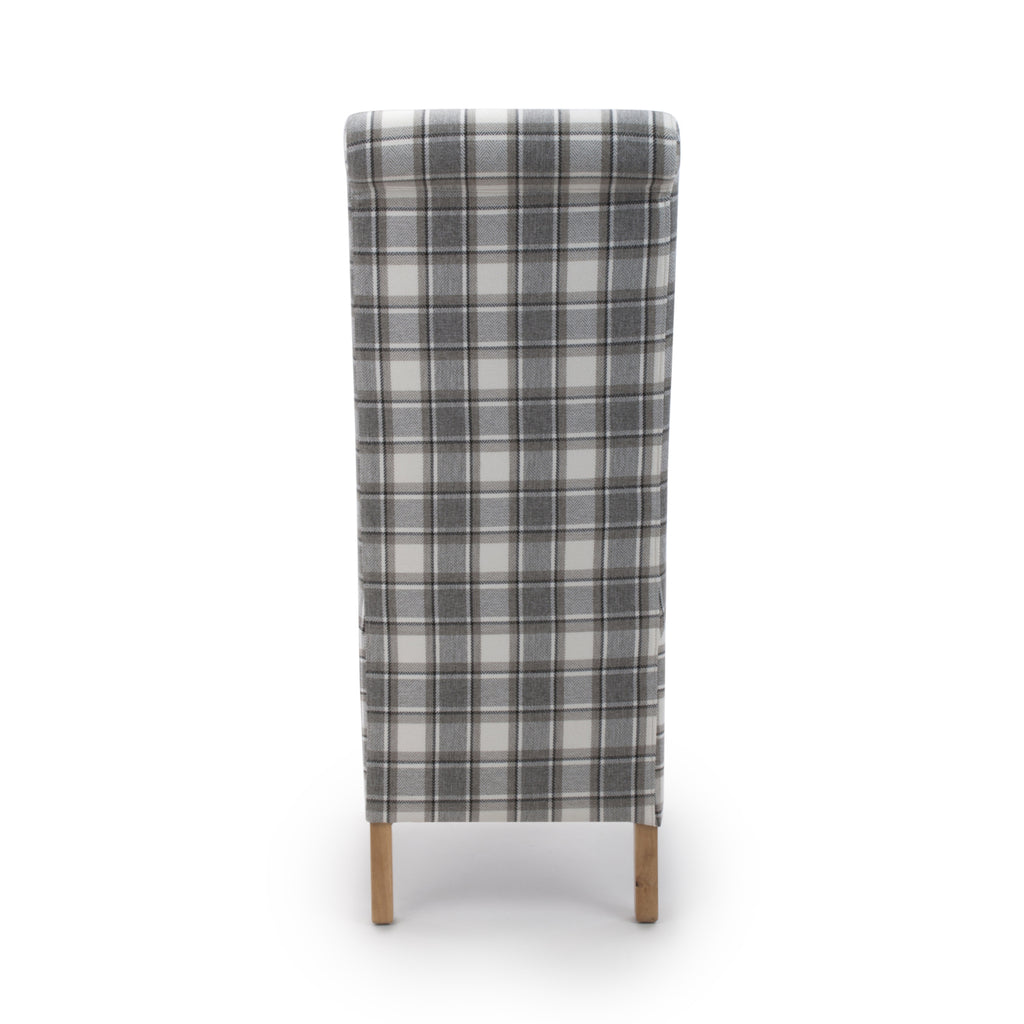 Brown and Grey Checked Fabric Scroll Back Dining Chair - Home Furniture Interiors