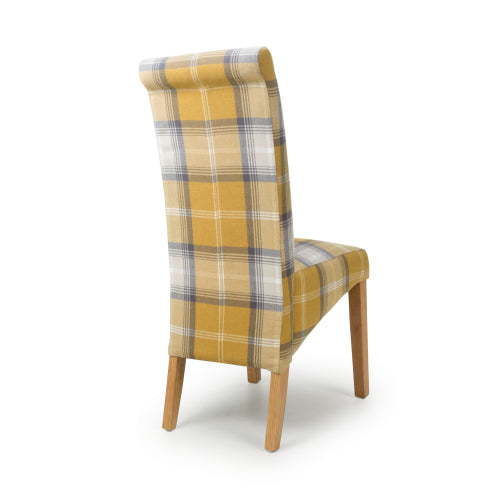 Checked Yellow Scroll Back Dining Chair Oak Legs - Home Furniture Interiors