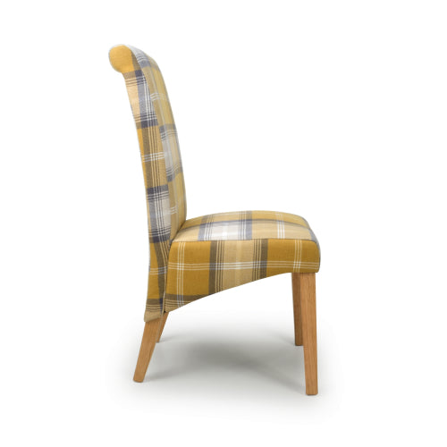 Checked Yellow Scroll Back Dining Chair Oak Legs - Home Furniture Interiors
