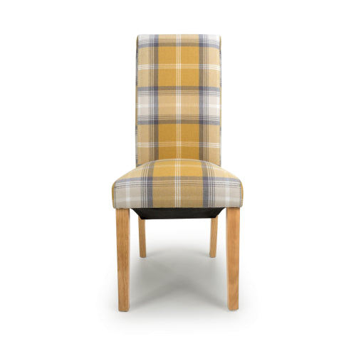 Checked Yellow Scroll Back Dining Chair Oak Legs - Home Furniture Interiors
