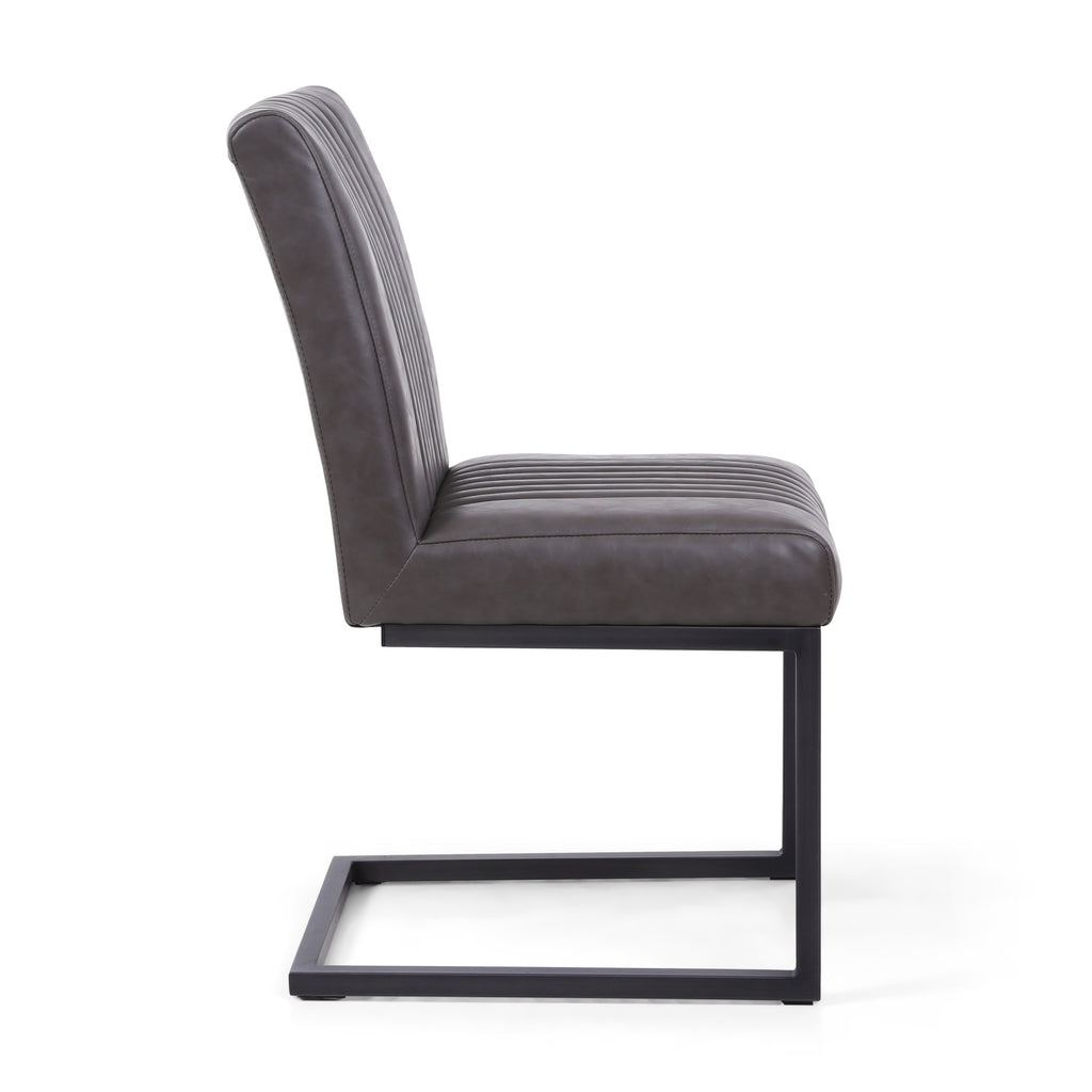 Grey Ribbed Leather Dining Chair Dark Grey Metal Legs - Home Furniture Interiors