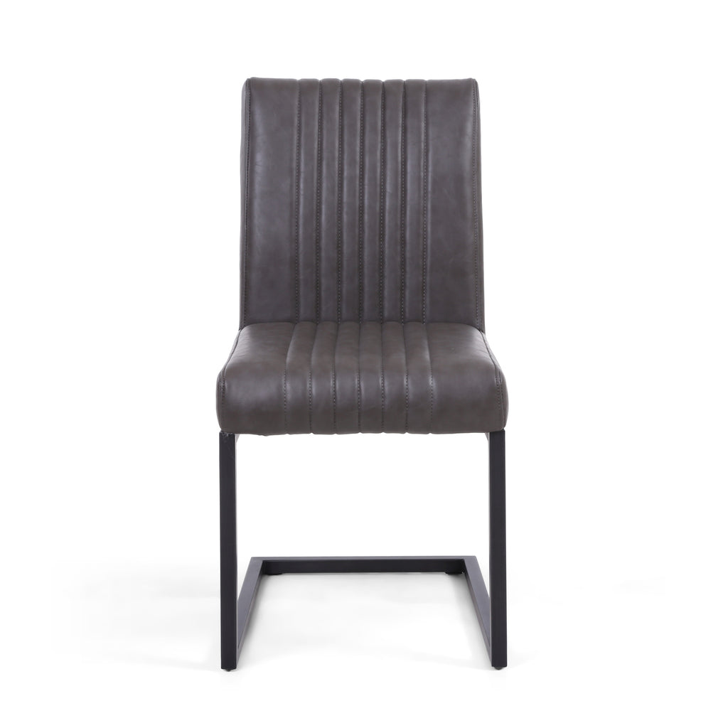 Grey Ribbed Leather Dining Chair Dark Grey Metal Legs - Home Furniture Interiors