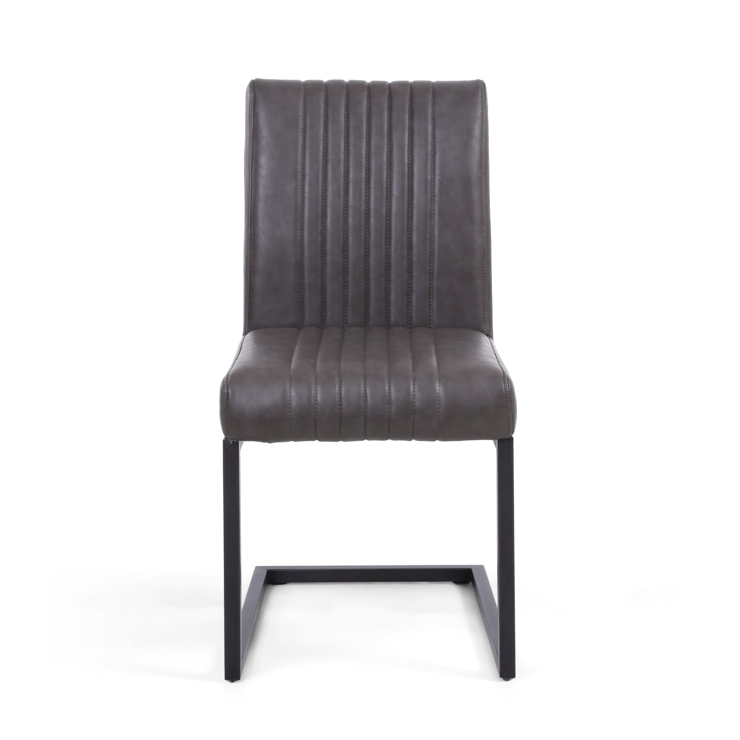 Grey Ribbed Leather Dining Chair Dark Grey Metal Legs - Home Furniture Interiors