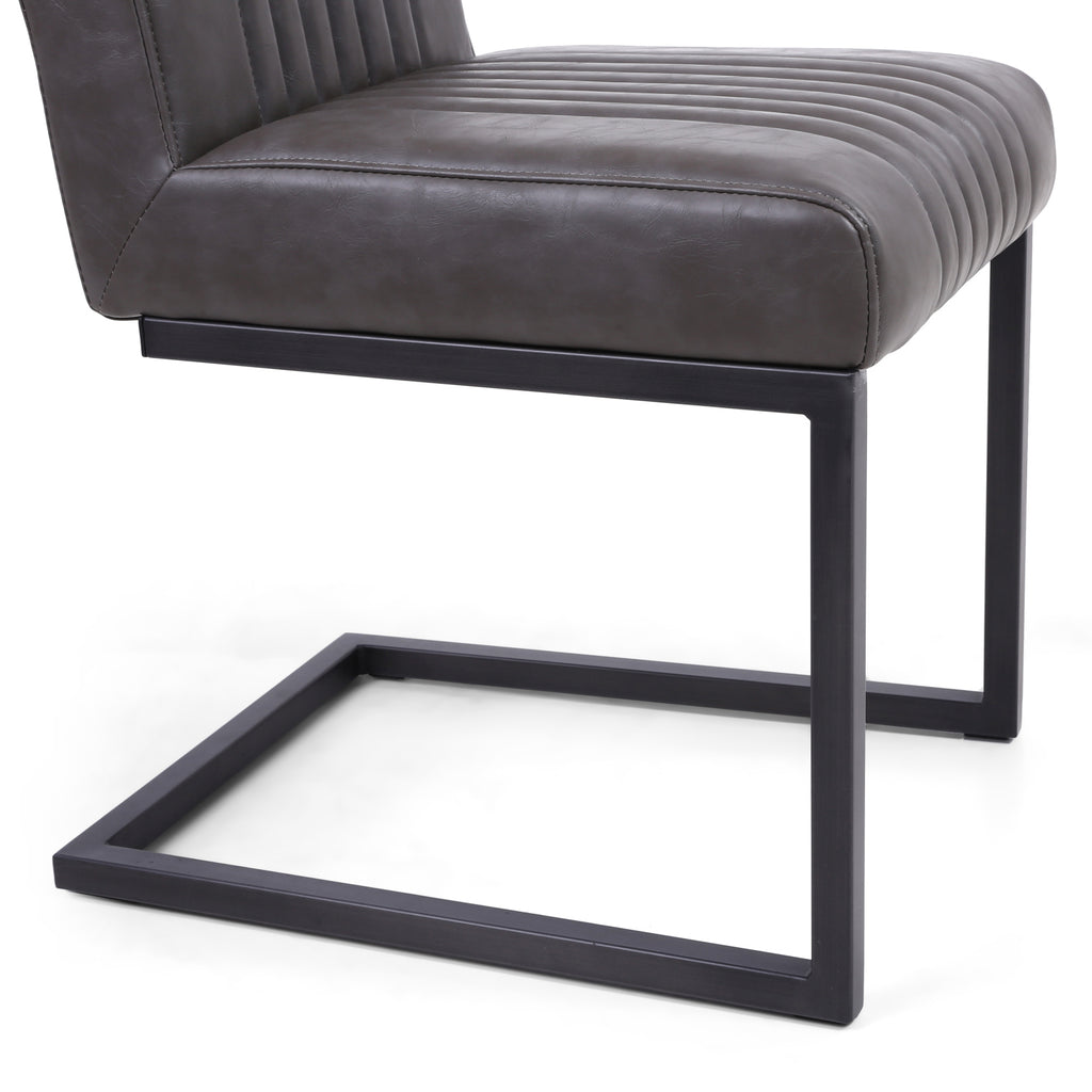 Grey Ribbed Leather Dining Chair Dark Grey Metal Legs - Home Furniture Interiors