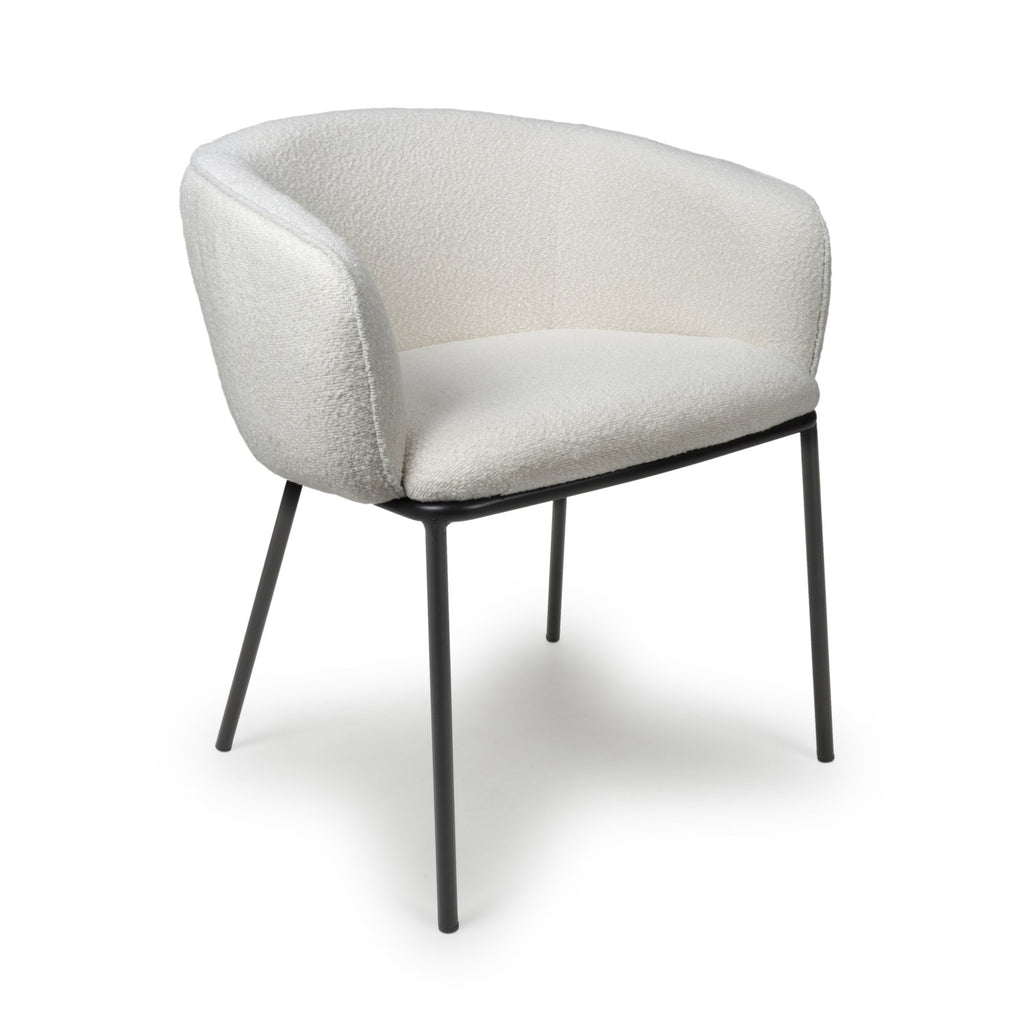 White Boucle Fabric Curved Tub Dining Chair Black Metal Legs