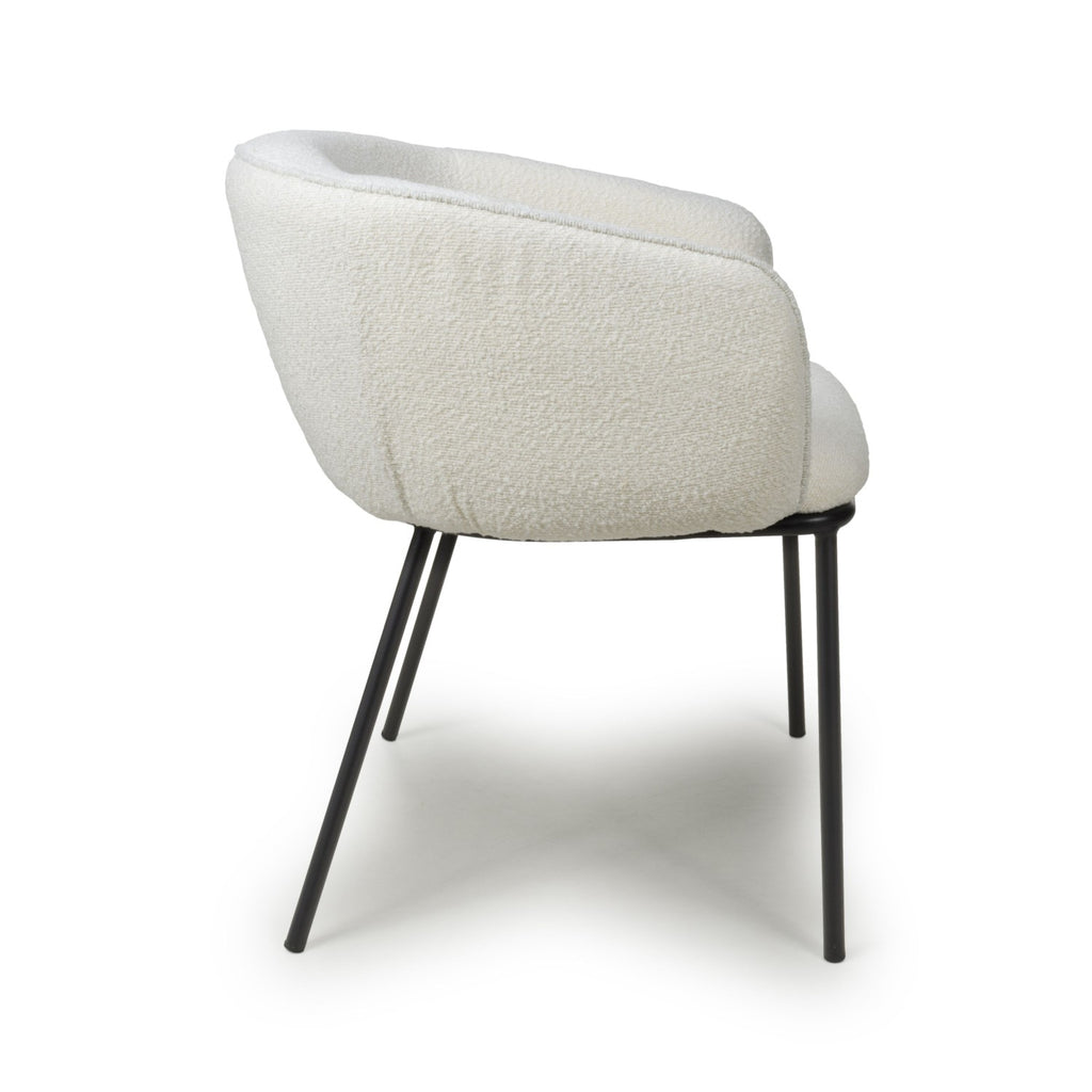 White Boucle Fabric Curved Tub Dining Chair Black Metal Legs - Home Furniture Interiors