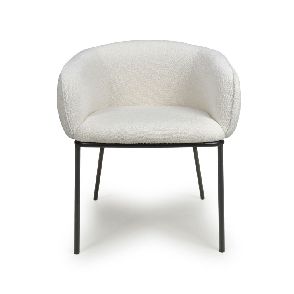White Boucle Fabric Curved Tub Dining Chair Black Metal Legs - Home Furniture Interiors