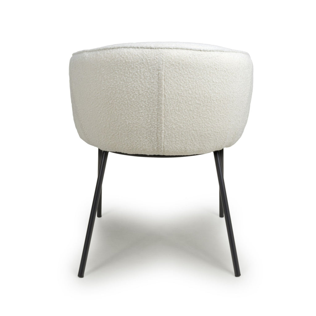 White Boucle Fabric Curved Tub Dining Chair Black Metal Legs - Home Furniture Interiors