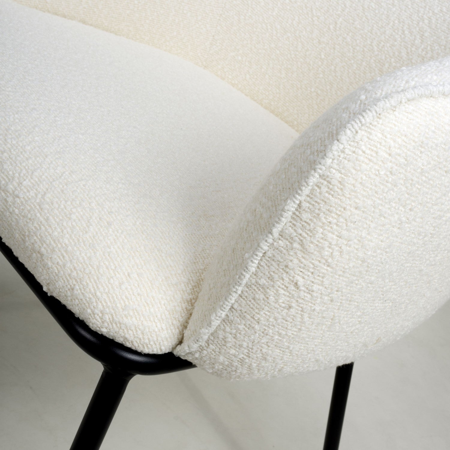 White Boucle Fabric Curved Tub Dining Chair Black Metal Legs - Home Furniture Interiors