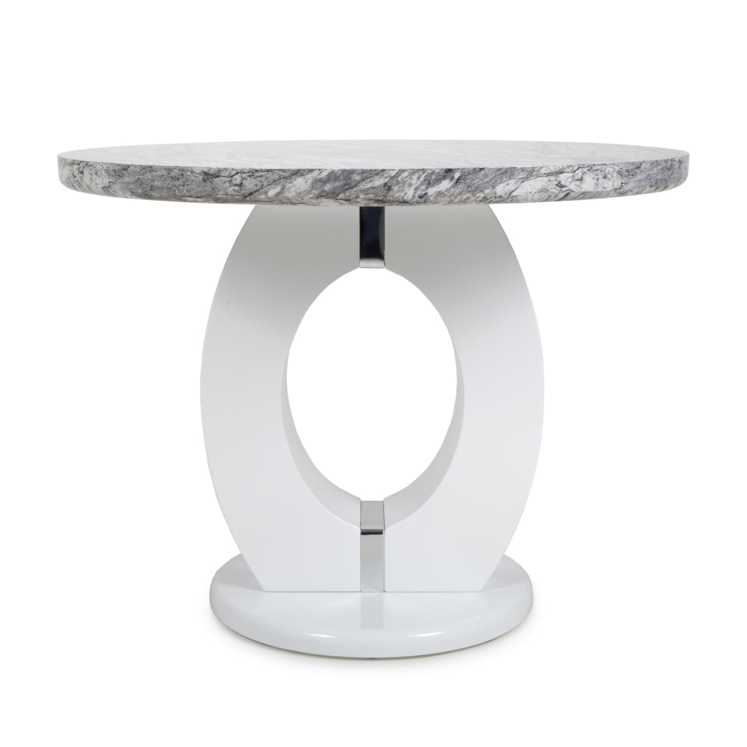Grey Marble Effect 100cm Round Dining Table White Gloss Base - Home Furniture Interiors