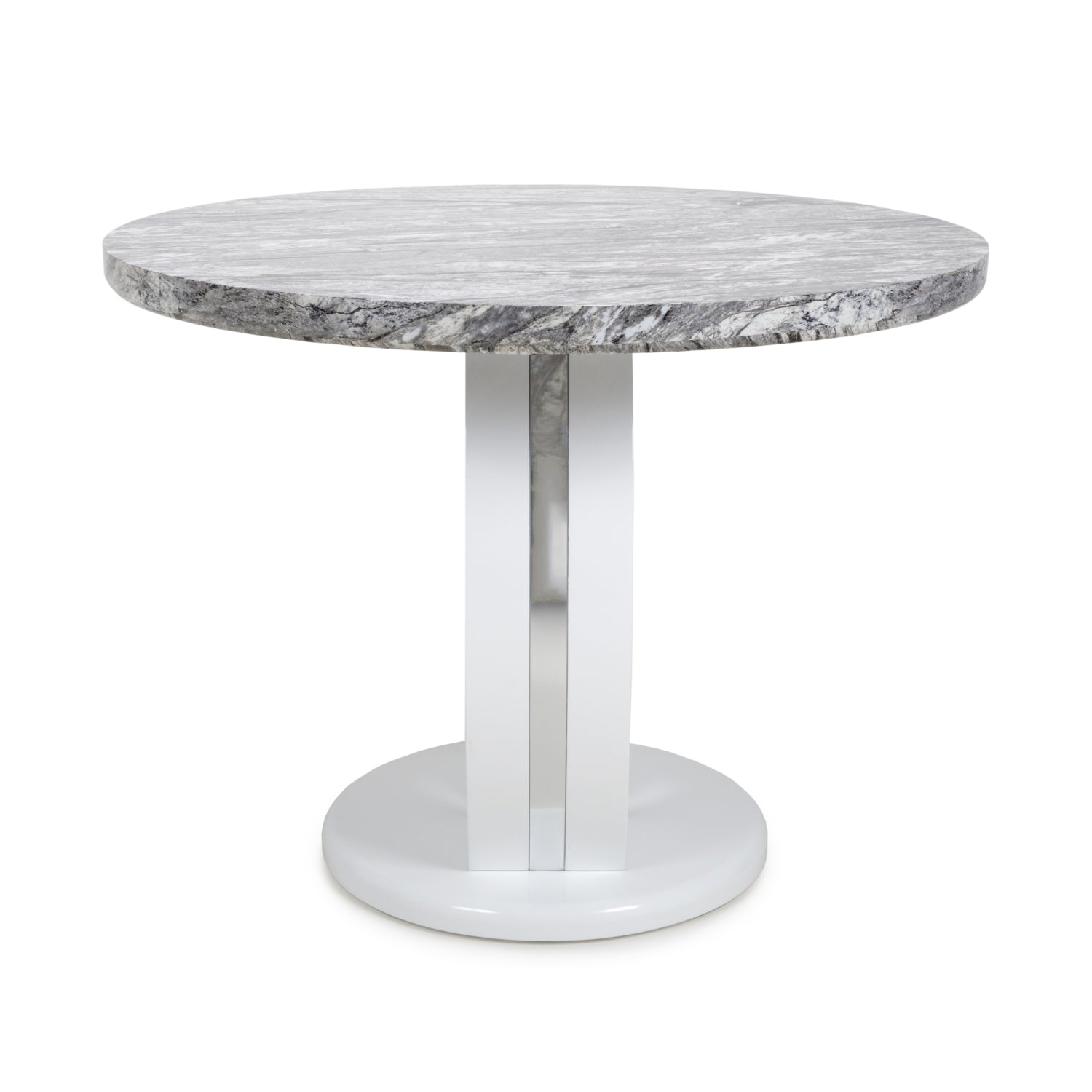 Grey Marble Effect 100cm Round Dining Table White Gloss Base - Home Furniture Interiors