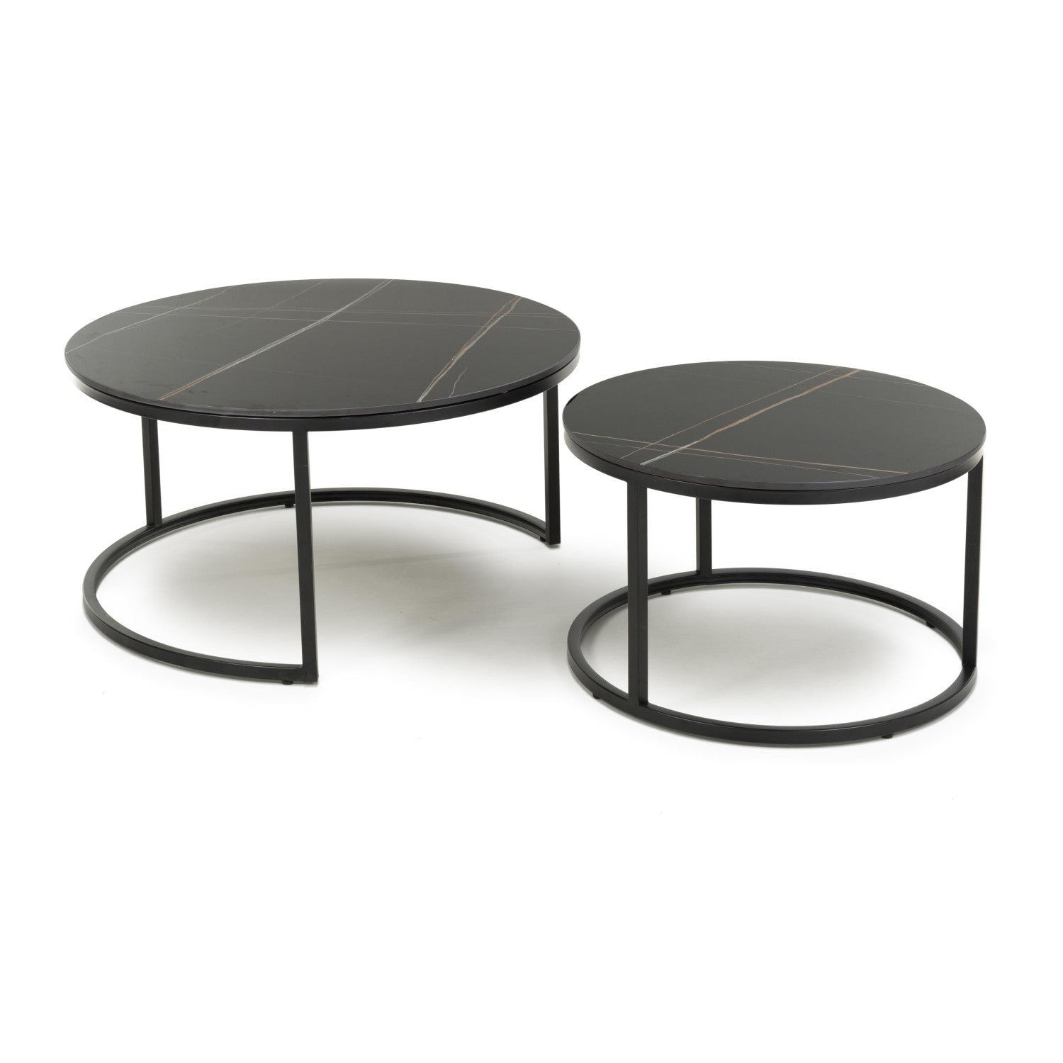 Black Marble Effect Round Nest of 2 Tables with Metal Legs - Home Furniture Interiors