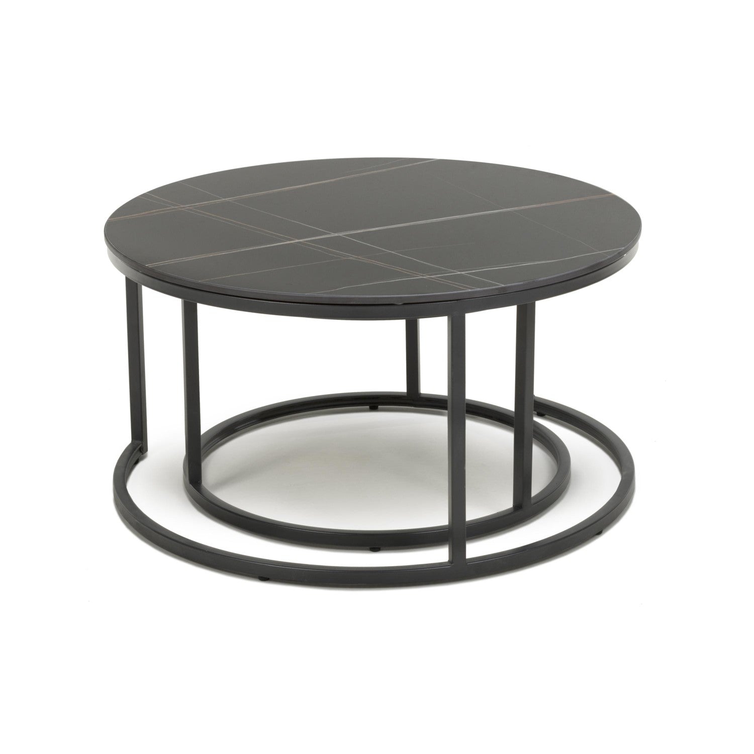 Black Marble Effect Round Nest of 2 Tables with Metal Legs - Home Furniture Interiors