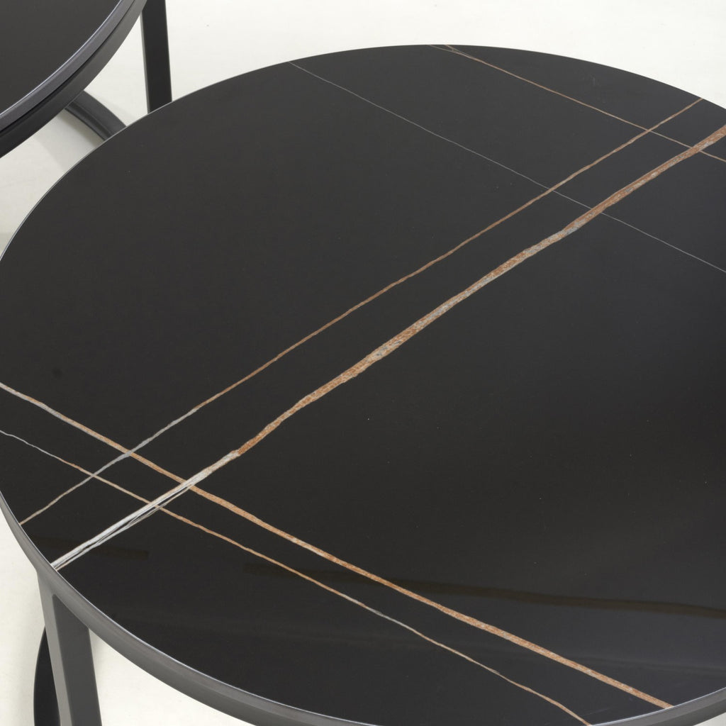 Black Marble Effect Round Nest of 2 Tables with Metal Legs - Home Furniture Interiors