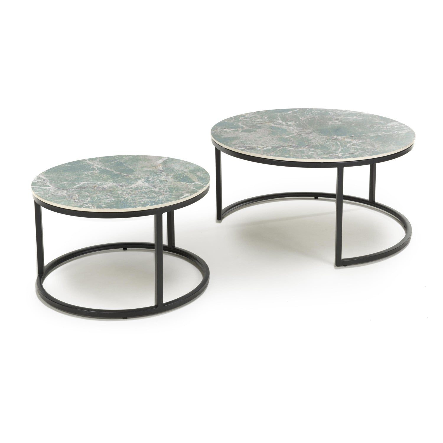 Green Texture Mable Effect Top Round Nest of 2 Tables - Home Furniture Interiors