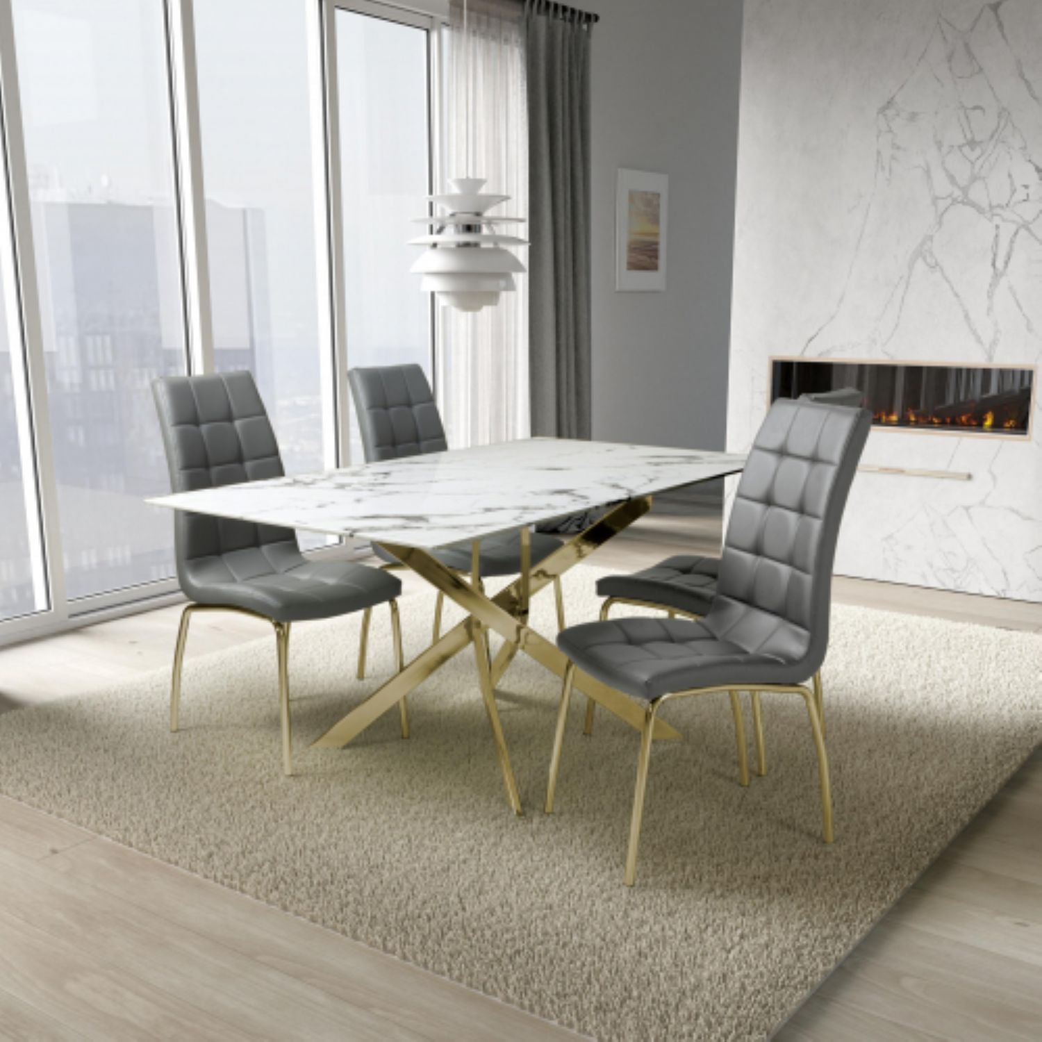 Astoria 1.6m White And 4 Jenner Grey with Gold legs Dining Set - Home Furniture Interiors