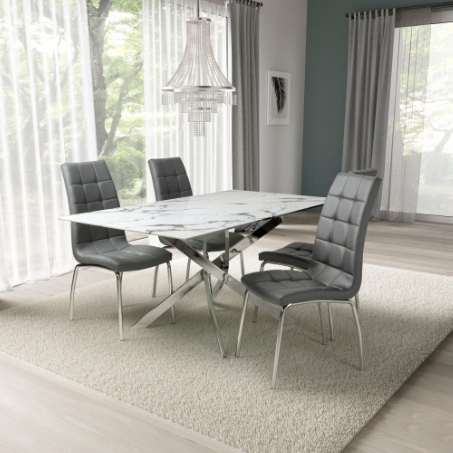 Astoria 1.6m White And 4 Jenner Grey with Silver legs Dining Set - Home Furniture Interiors