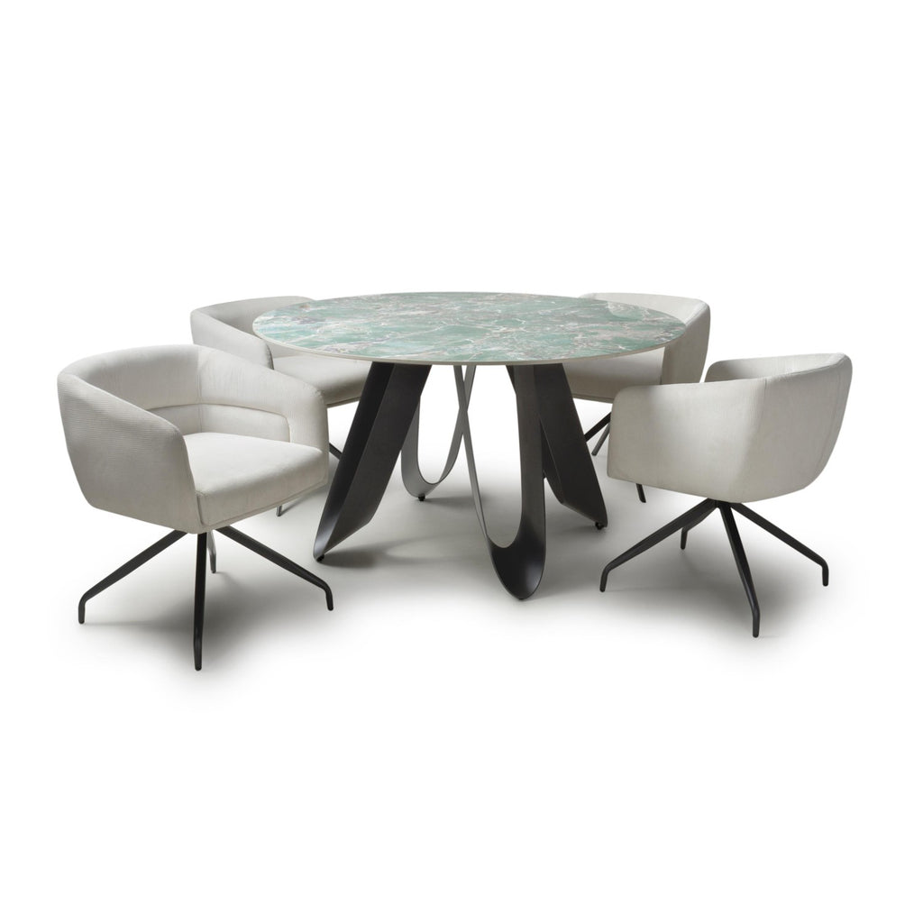 Green Texture Marble Effect Round Dining Set 4 White Chairs - Home Furniture Interiors