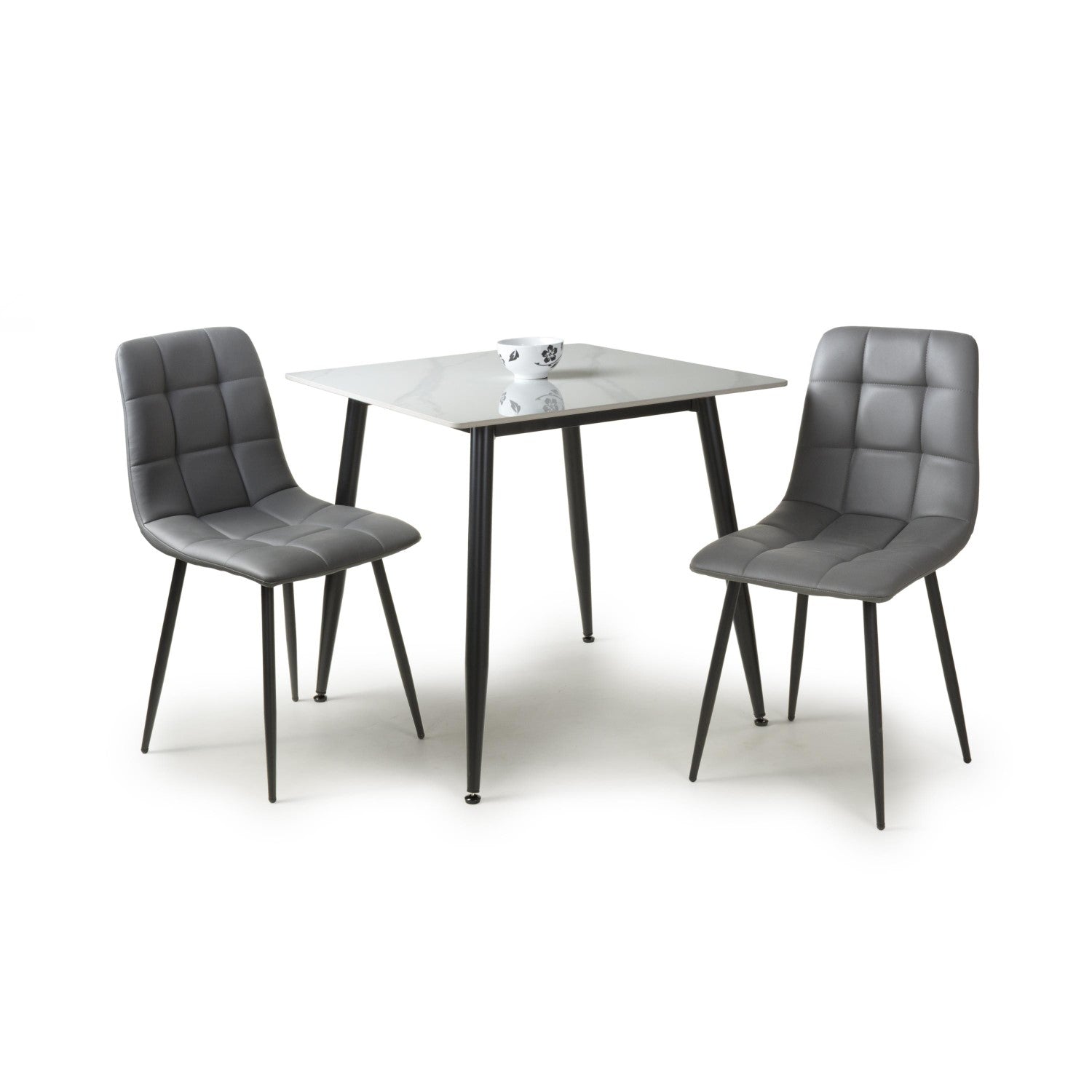 White Marble Effect 80cm Dining Table Set with 2 Grey Chairs - Home Furniture Interiors