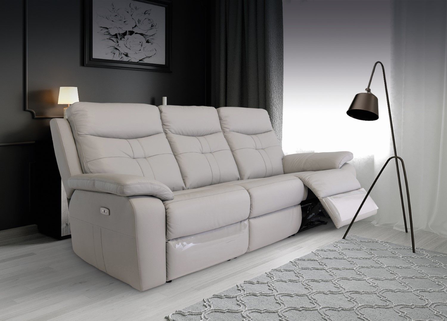 Light Grey Leather 3 Seater Electric Power Recliner Sofa