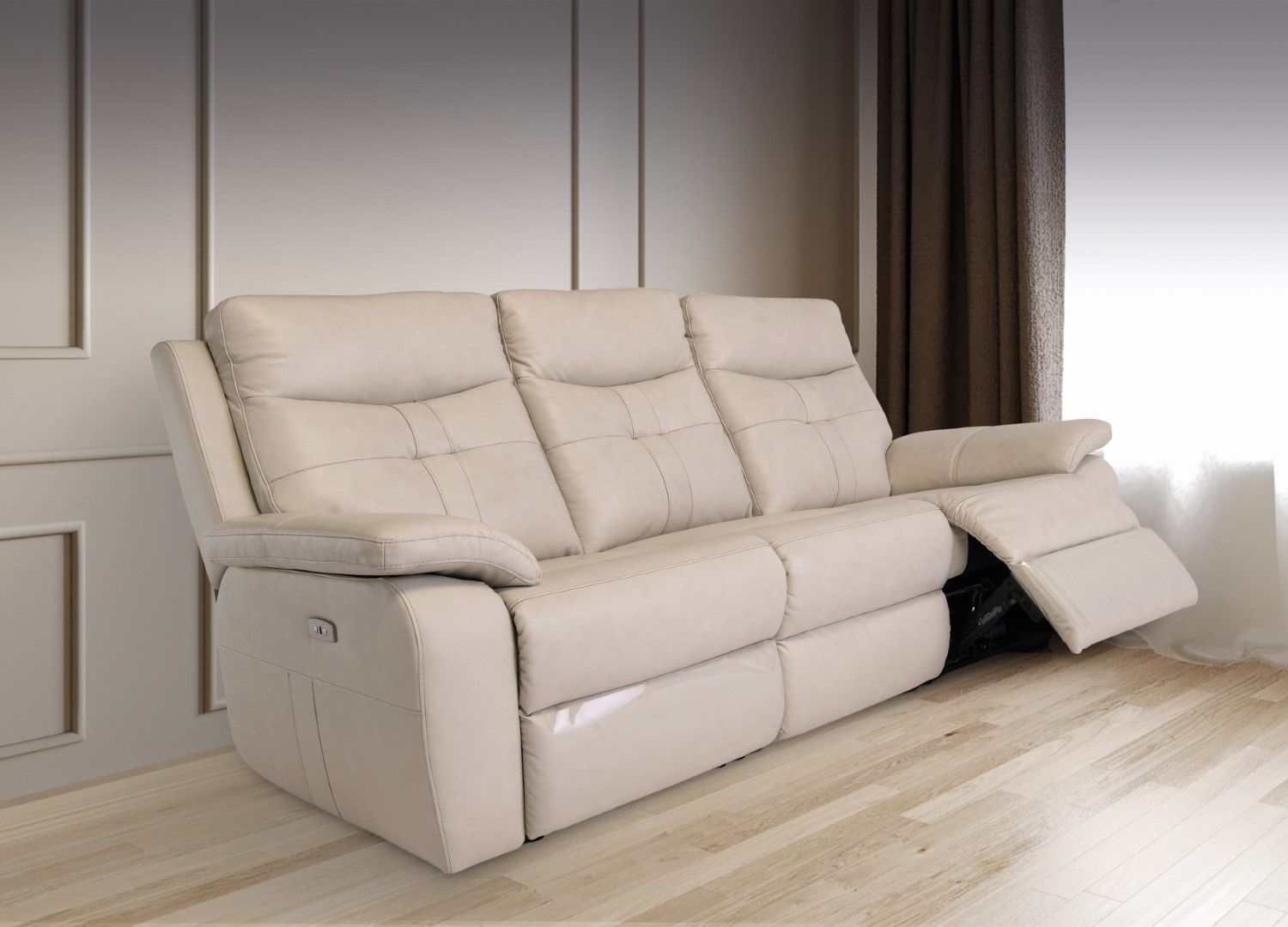 Light Stone Leather 3 Seater Electric Power Recliner Sofa